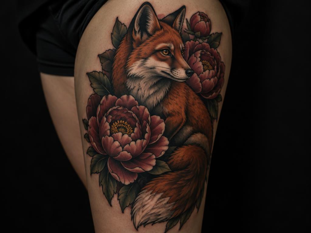 Fox & peonies — Neo Traditional tattoo by Josh