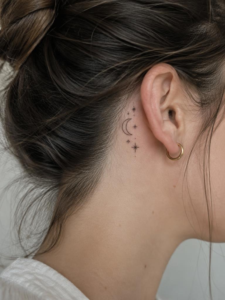 Moon & stars — Fine Line tattoo by Maya