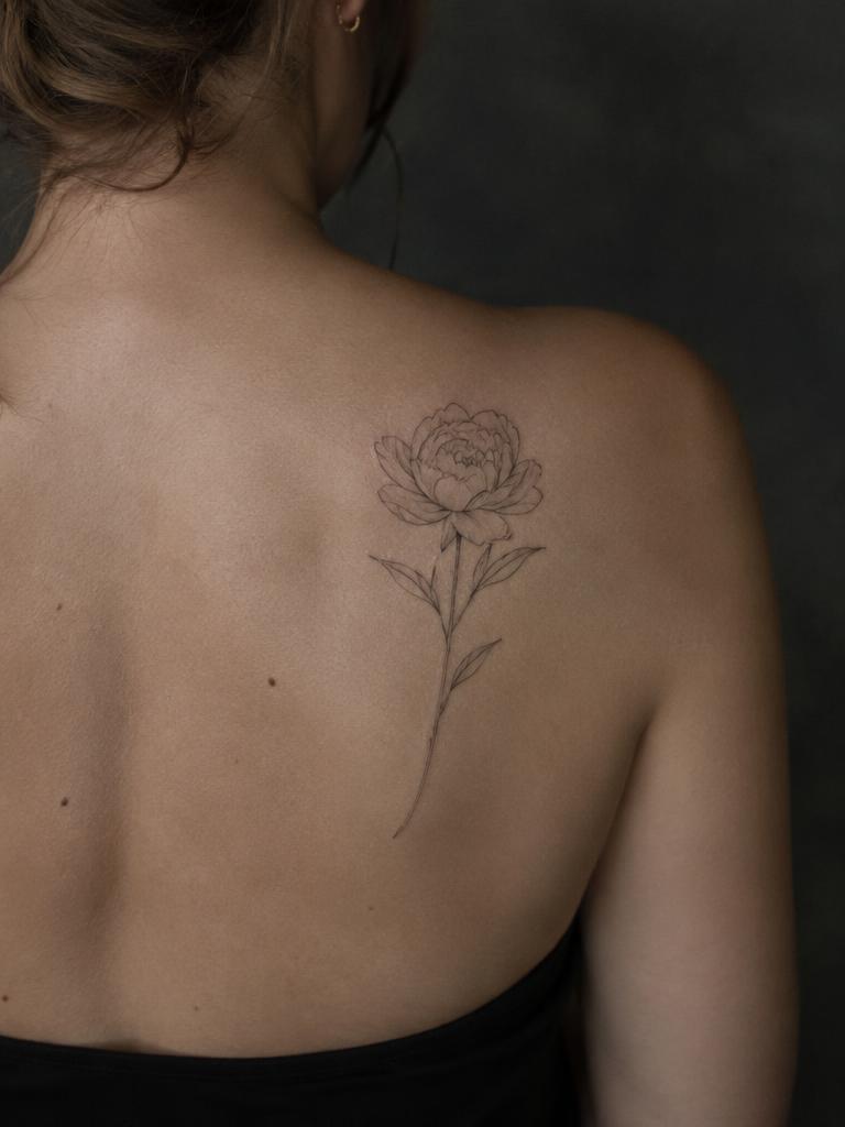 Single peony — Fine Line tattoo by Maya
