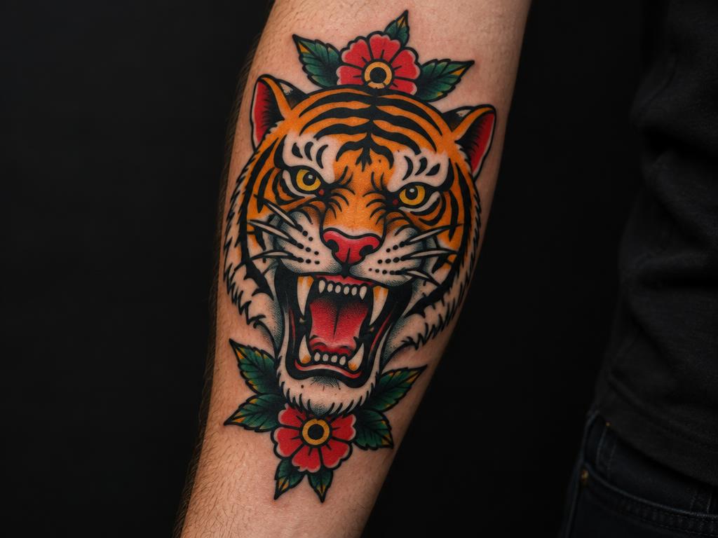 Tiger & roses — Traditional tattoo by Josh
