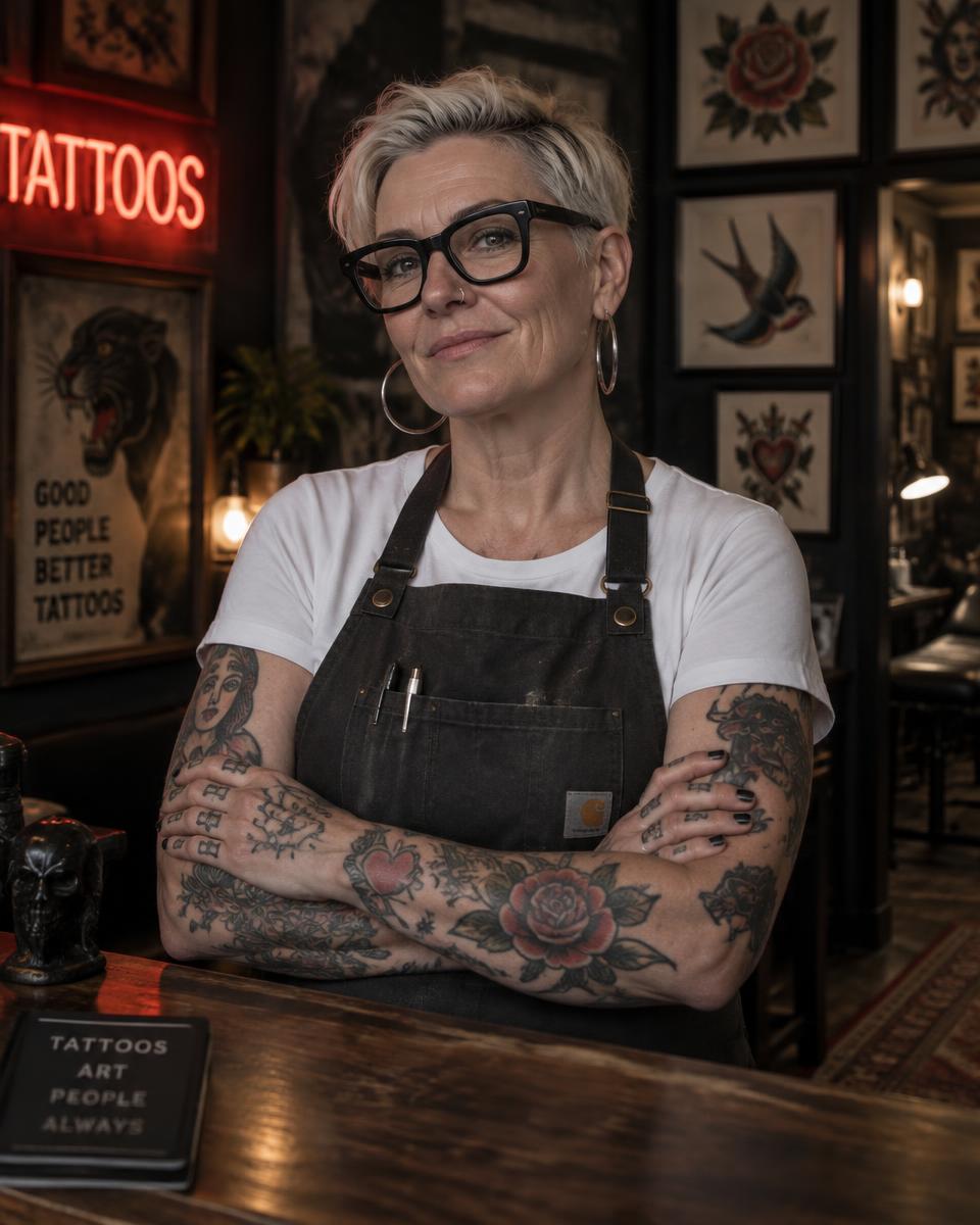 Portrait of Dani, owner of INK & IRON, at the front desk
