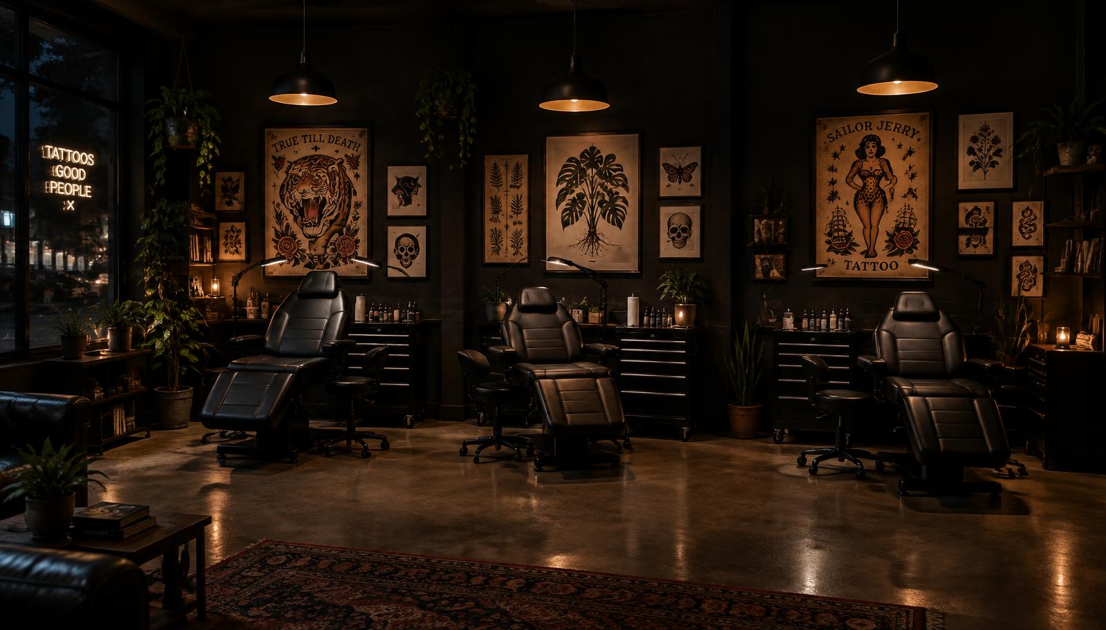 The INK & IRON studio floor at night: three chairs, flash art on dark walls